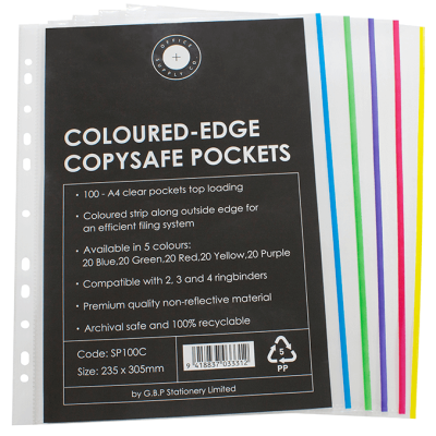 118789_Copysafe Pockets Office Supply Co Clear Coloured Edge A4 Pack of 100.png