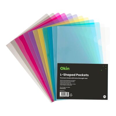 L Shape Pockets Okin Assorted Colours Translucent A4 Pack of 12 | Kiwi ...